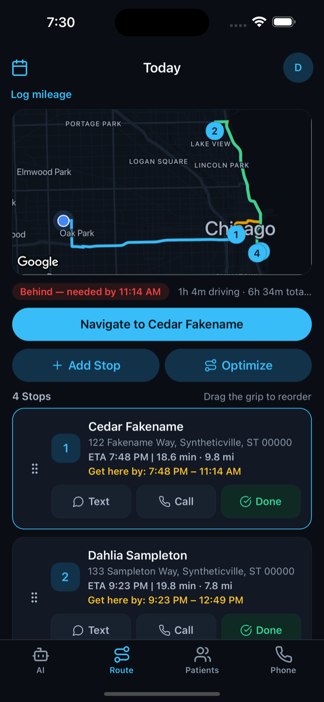 HospiceOps field app showing today's route across patient visits, drive times, and a one-tap masked call line